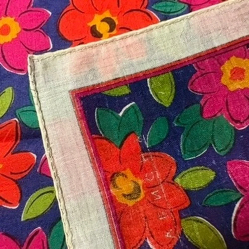 Vtg GIVENCHY Scarf Handkerchief Floral Navy Blue Red 18.5